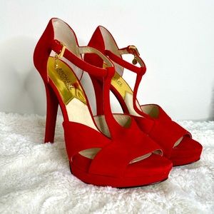 Micheal Kors red stiletto heeled peep toes